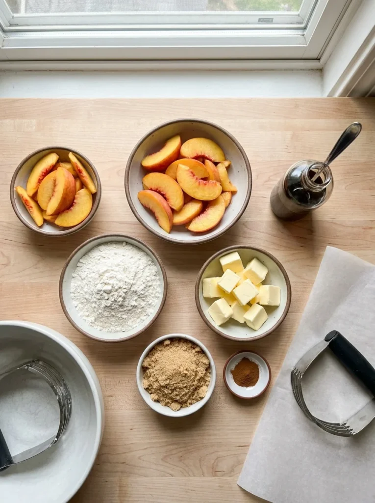 Peach Crumb Bars: The Easiest Way to Turn Ripe Peaches Into Pure Gold 3 ingredients for peach crumb bars recipe laid out on counter.