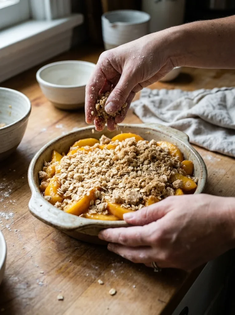 Peach Crumb Bars: The Easiest Way to Turn Ripe Peaches Into Pure Gold 4 preparing peach crumb bars crumble topping before baking.