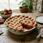 Homemade strawberry rhubarb pie with golden lattice crust on a rustic wooden table