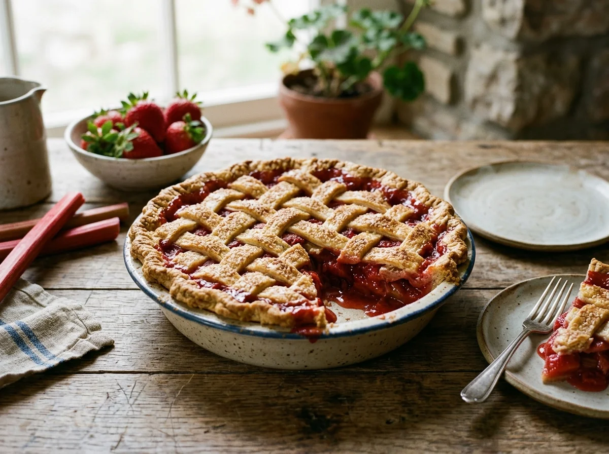 Homemade strawberry rhubarb pie with golden lattice crust on a rustic wooden table