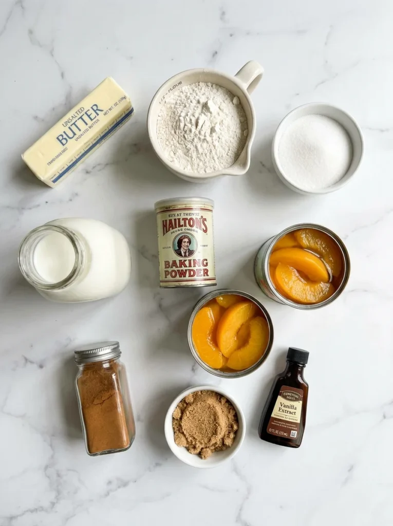 Easy Peach Cobbler Recipe: The Only Guide You'll Ever Need 3 Ingredients for easy peach cobbler recipe including butter, flour, sugar, canned peaches, and cinnamon