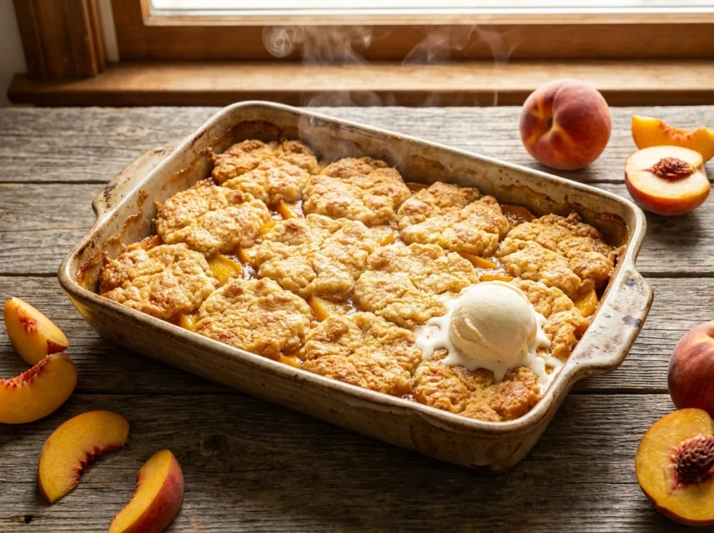 Easy peach cobbler recipe in a ceramic baking dish with vanilla ice cream