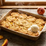 Easy peach cobbler recipe in a ceramic baking dish with vanilla ice cream
