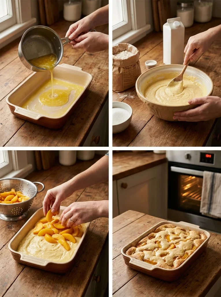 Easy Peach Cobbler Recipe: The Only Guide You'll Ever Need 4 Step-by-step preparation of easy peach cobbler recipe in a ceramic baking dish