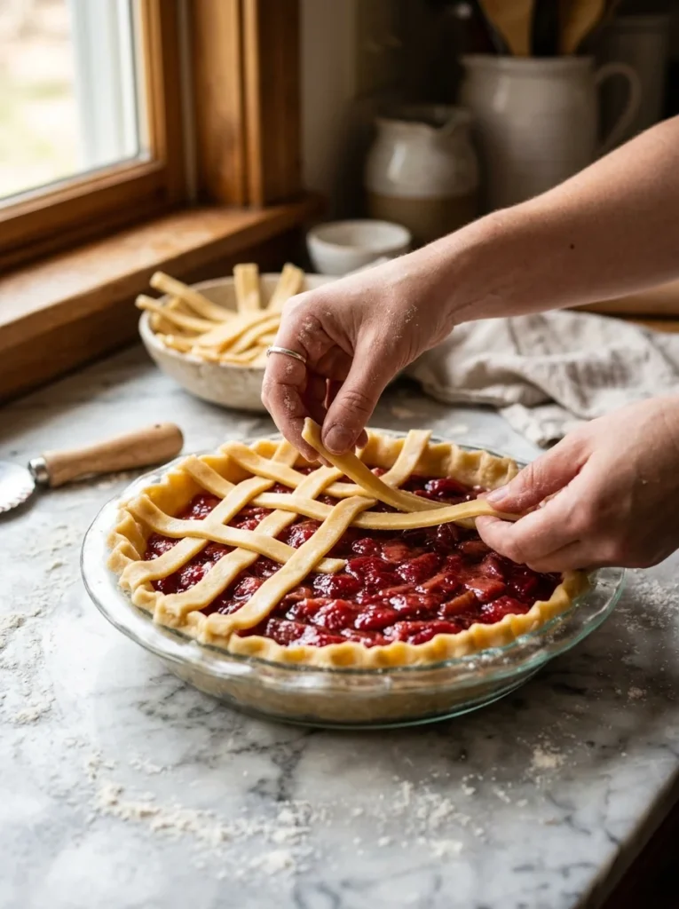 Step-by-step strawberry rhubarb pie preparation showing lattice crust being woven over ruby red filling