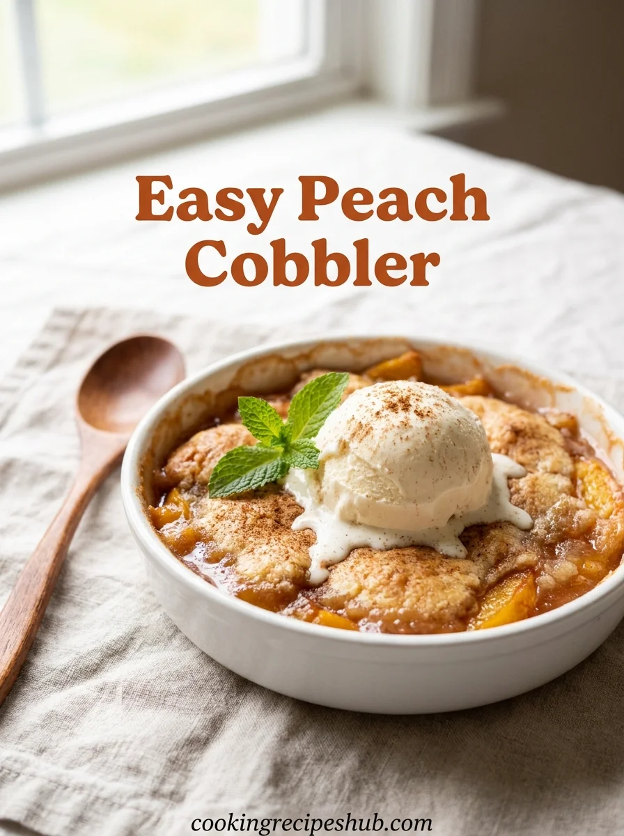 Easy Peach Cobbler Recipe: The Only Guide You'll Ever Need 6 Easy peach cobbler served warm with vanilla ice cream in a white bowl