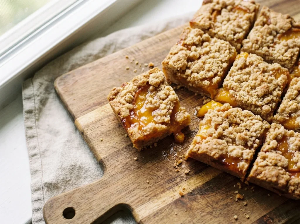 peach crumb bars recipe on wooden cutting board