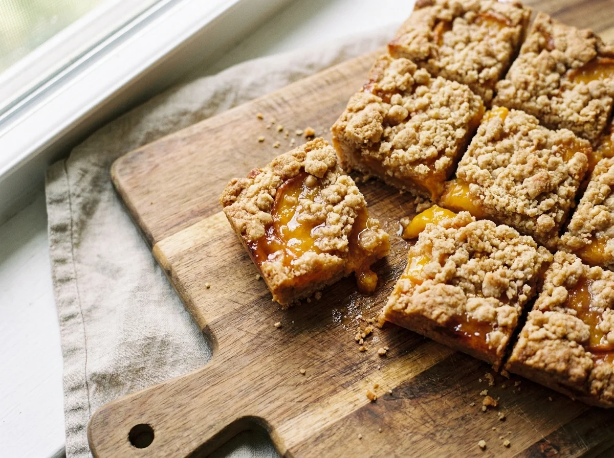 Peach Crumb Bars: The Easiest Way to Turn Ripe Peaches Into Pure Gold 1 peach crumb bars recipe on wooden cutting board