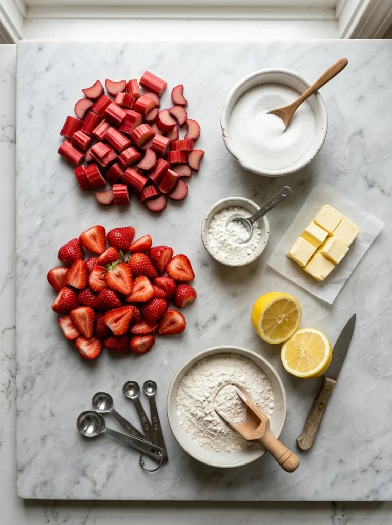 Fresh strawberry rhubarb pie ingredients including sliced rhubarb, strawberries, sugar, cornstarch, and butter on a marble surface      