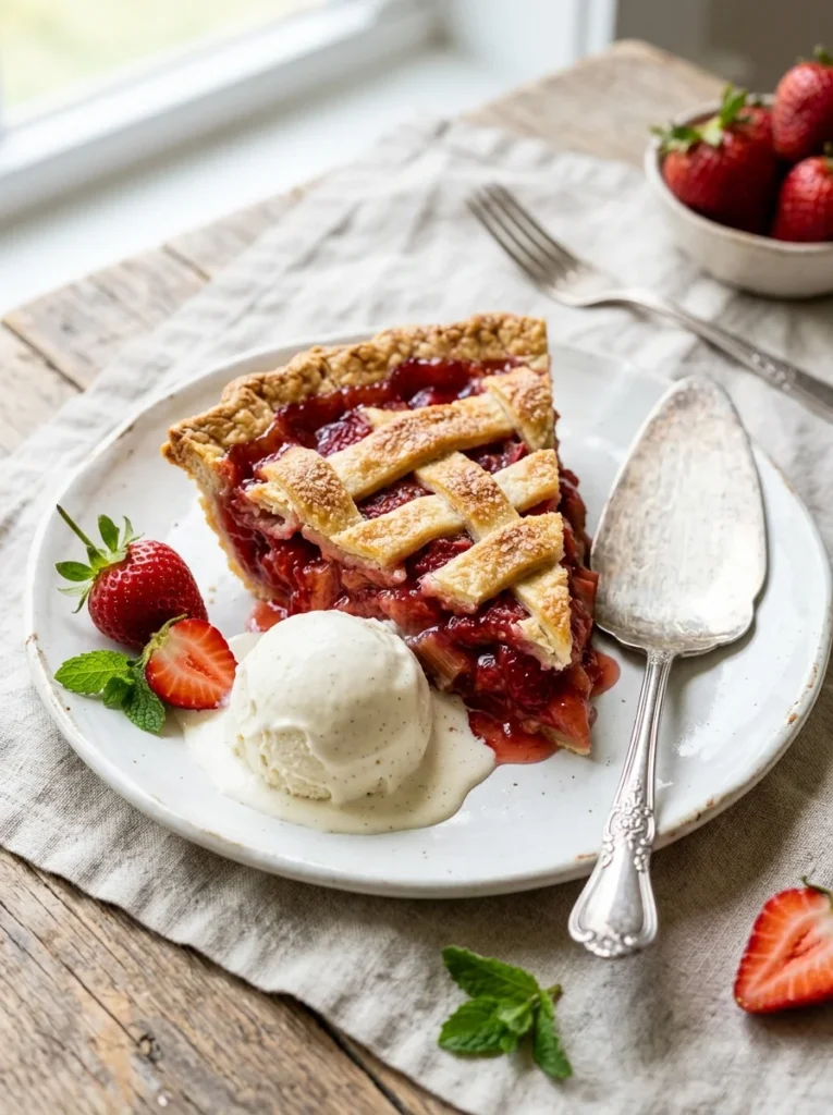 Slice of strawberry rhubarb pie served with vanilla ice cream on a white platec